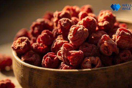 Dried silverberry fruit (Senjed) in a wooden bowl, highlighting its use as a natural health supplement.