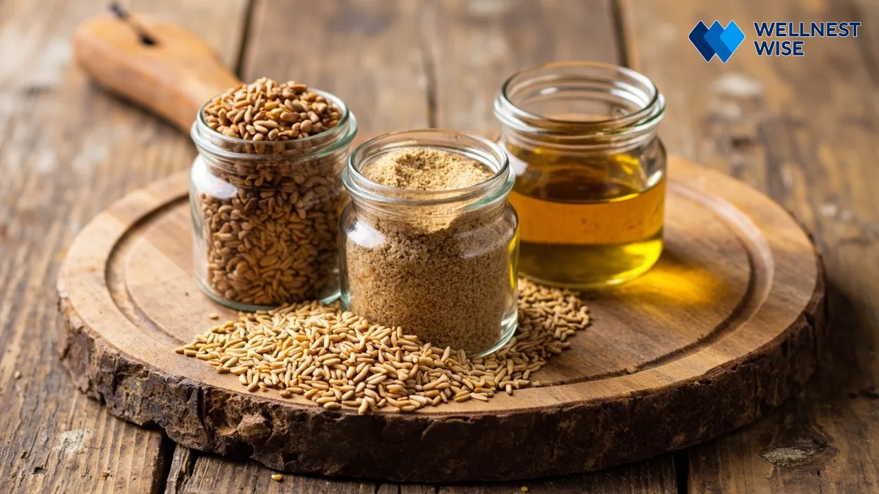 Whole flaxseeds, ground flaxseed meal, and flaxseed oil in small glass dishes.