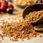 Golden and brown flaxseeds in a wooden bowl with a spoon, representing healthy nutrition