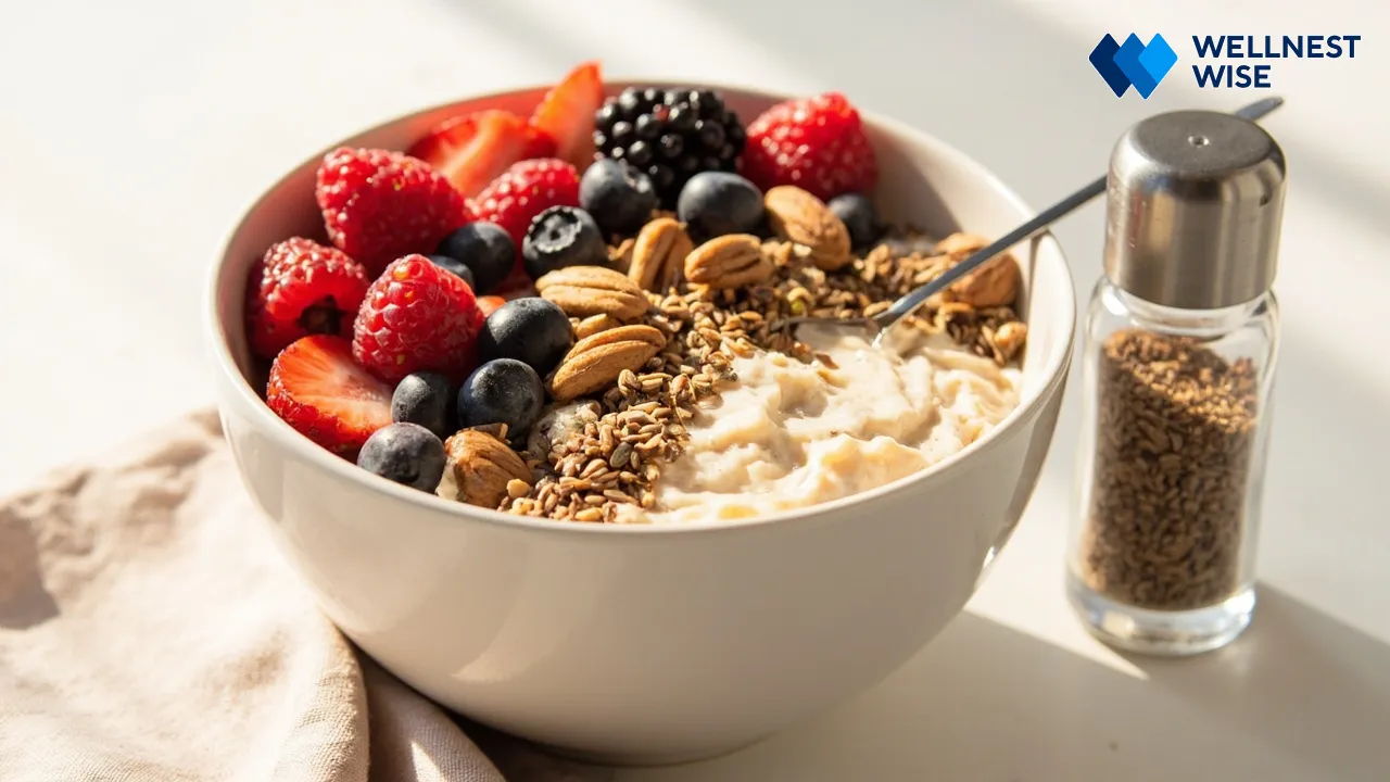 Oatmeal or yogurt with ground flaxseed, berries, and nuts, showcasing easy daily flaxseed incorporation.