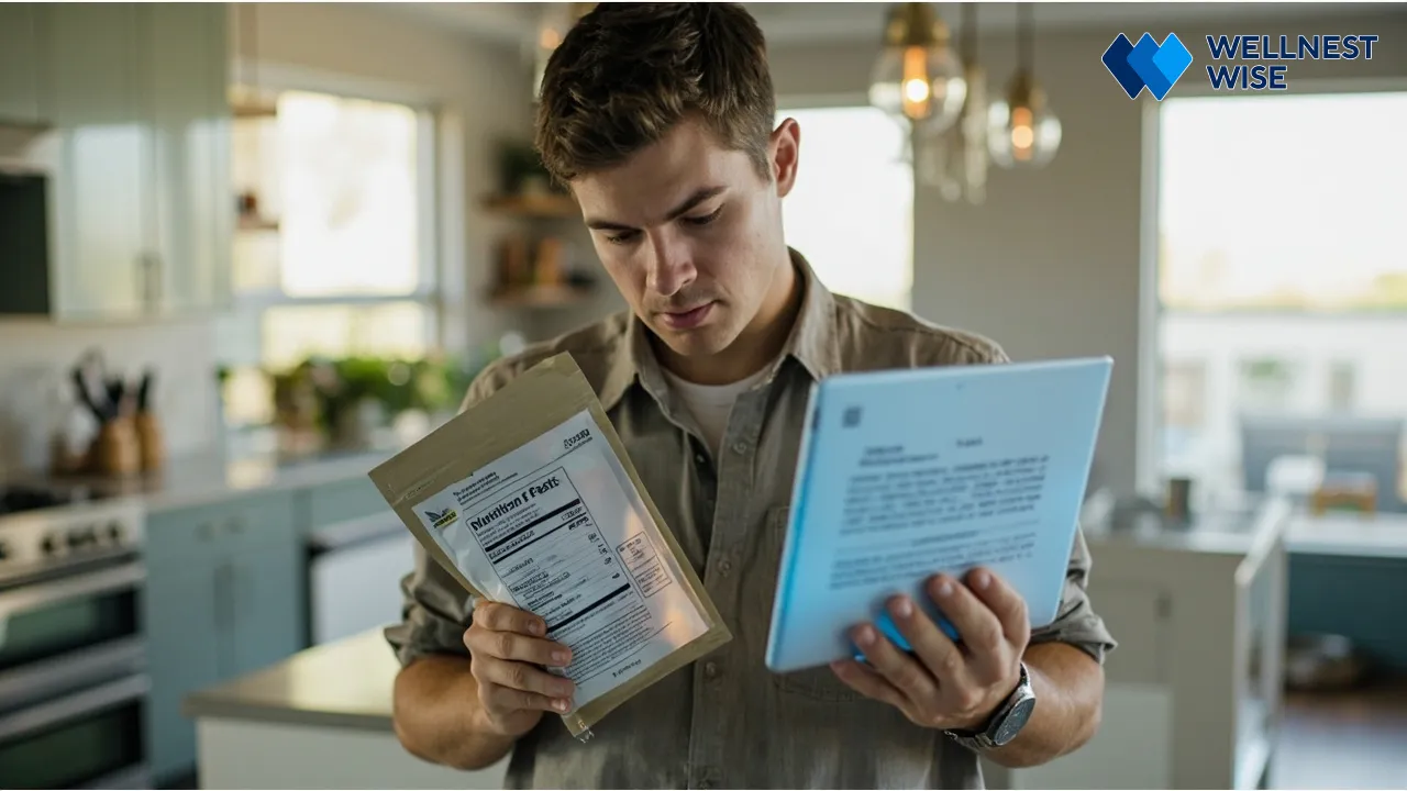 Person reading flaxseed nutrition label, representing informed choices and understanding of benefits and precautions.