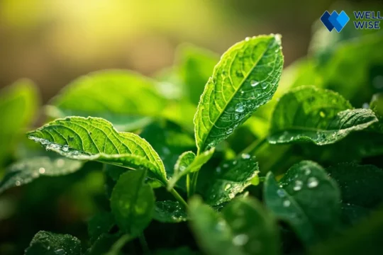 Fresh broadleaf plantain leaves (Plantago major) growing naturally, highlighting its green foliage and texture.