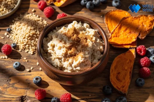 Variety of healthy whole foods rich in complex carbohydrates and fiber