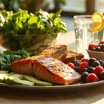 Healthy and balanced meal for fatty liver featuring salmon, greens, and fruits