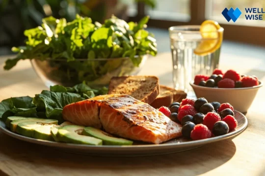 Healthy and balanced meal for fatty liver featuring salmon, greens, and fruits