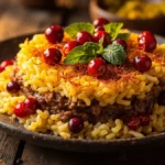 Healthy Tahchin Morgh with saffron, barberries, and chicken served in a golden crust