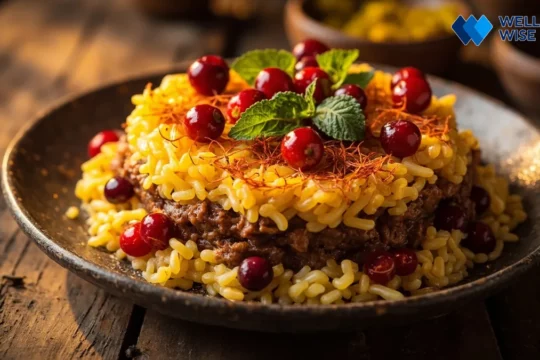 Healthy Tahchin Morgh with saffron, barberries, and chicken served in a golden crust