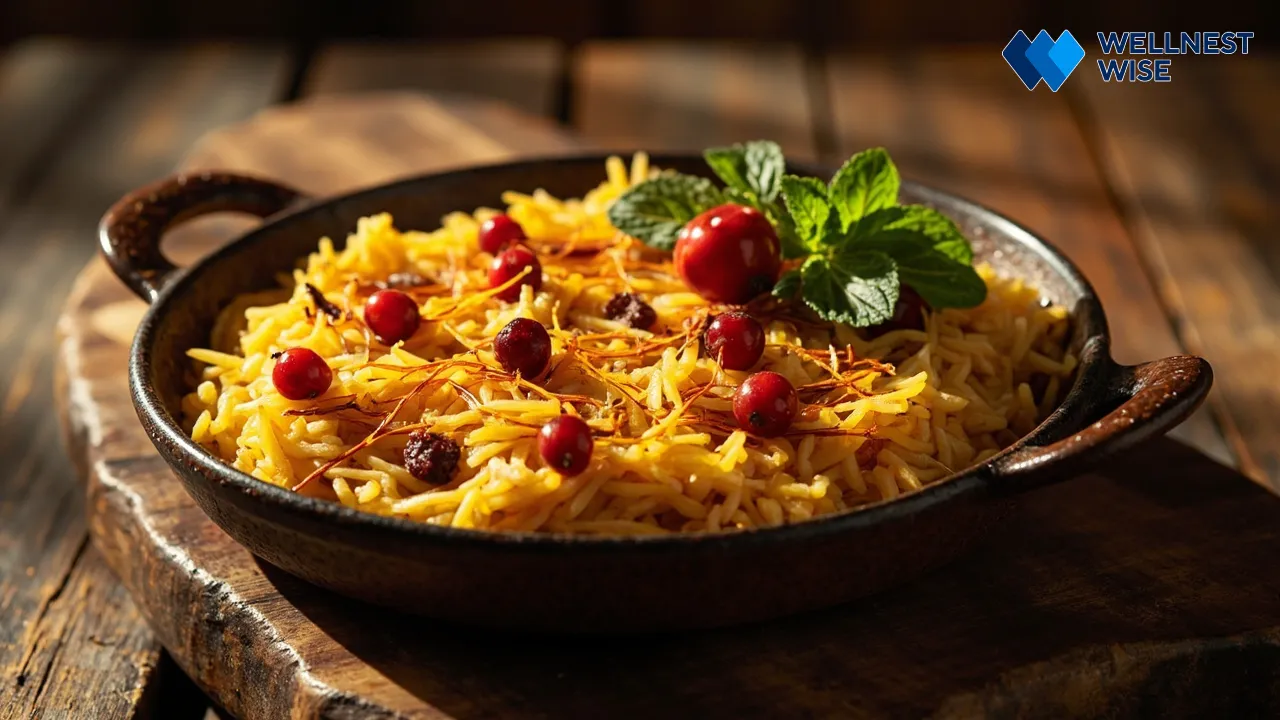 Healthy Tahchin Morgh with saffron, barberries, and chicken served in a golden crust