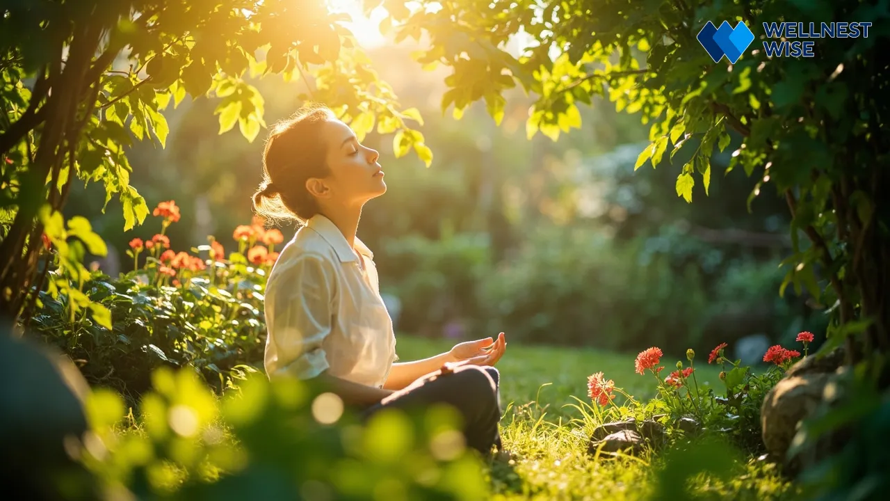 Person practicing mindfulness in a sunlit garden, symbolizing holistic health.