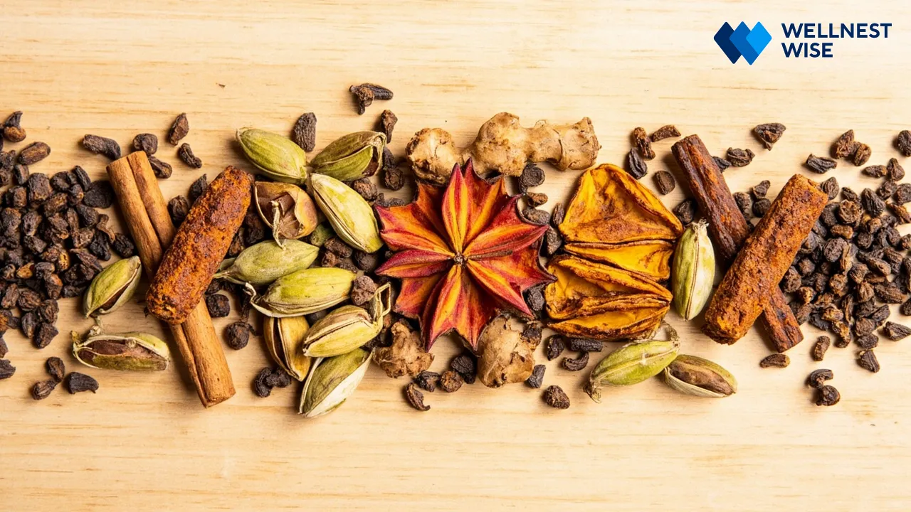 Individual Masala Chai spices laid out: cardamom, cinnamon, ginger, black pepper, cloves