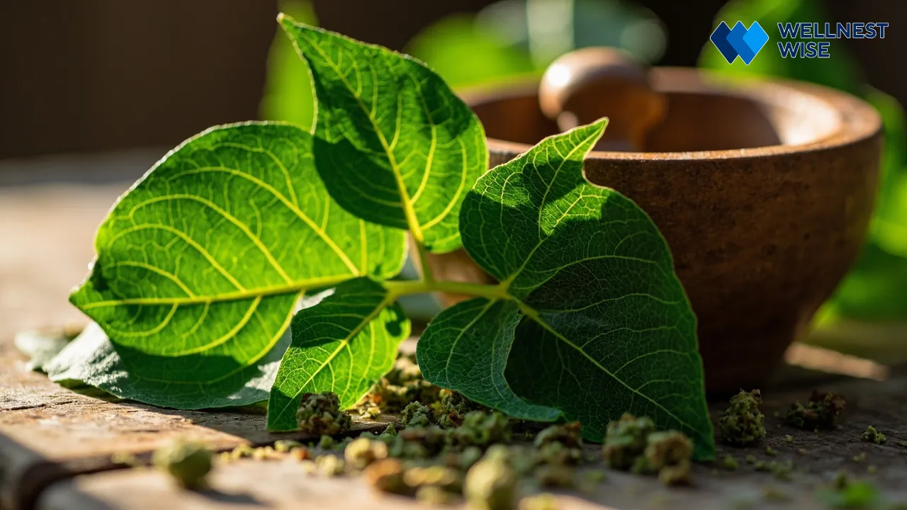 Plantain leaf with a mortar and pestle, representing natural anti-inflammatory and respiratory support.