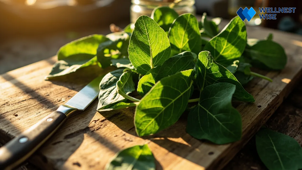 Kitchen setting showing fresh plantain leaves and tools for home preparation of herbal remedies.