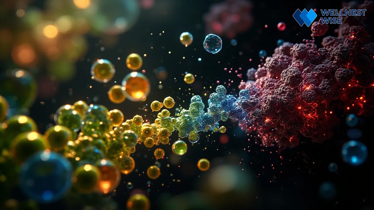 Microscopic visualization of polyphenols and antioxidants fighting oxidative stress in the body.