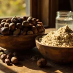 Prepared acorn flour next to raw acorns on a wooden cutting board, illustrating the necessary leaching process.