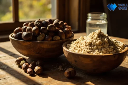 Prepared acorn flour next to raw acorns on a wooden cutting board, illustrating the necessary leaching process.