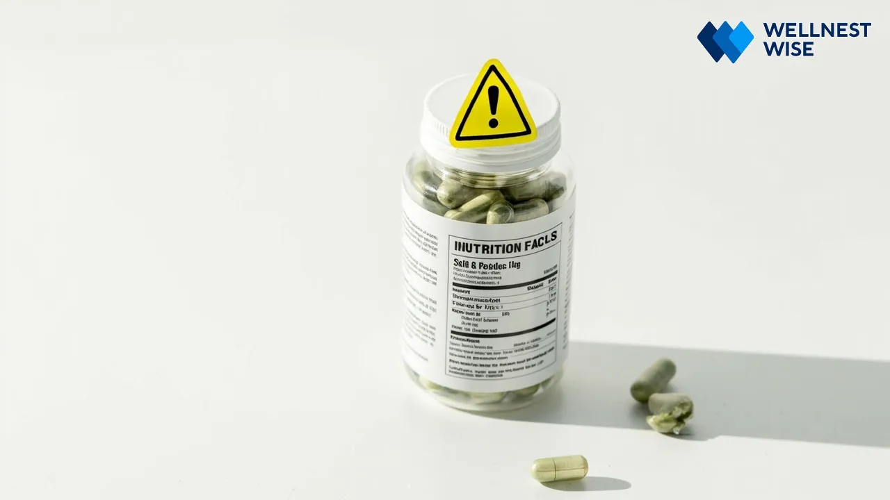 A caution label next to silverberry fruit, symbolizing safety considerations and medical advice.