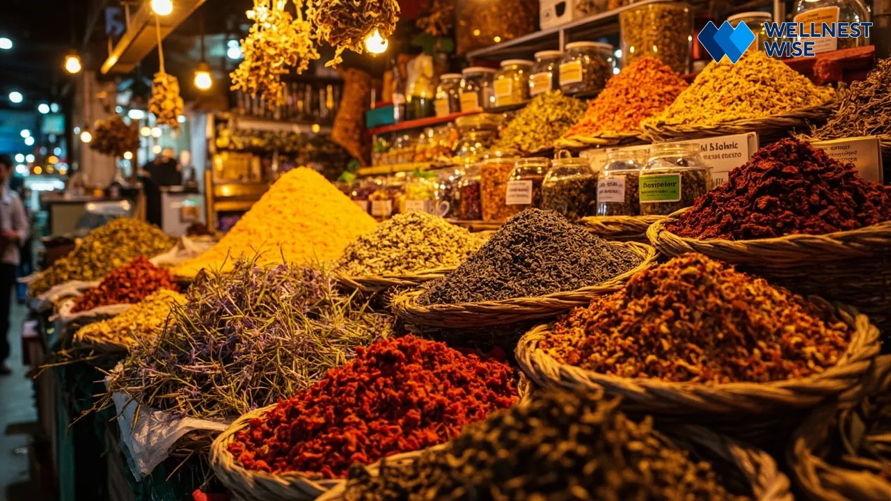 Vibrant spice market stall with various whole spices and teas