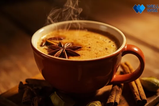 Steaming cup of Masala Chai with whole spices like cinnamon sticks and cardamom pods