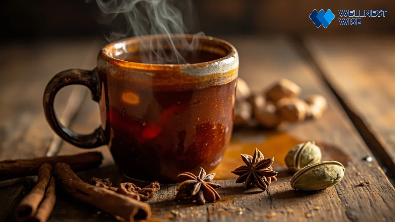 Steaming cup of Masala Chai with whole spices like cinnamon sticks and cardamom pods