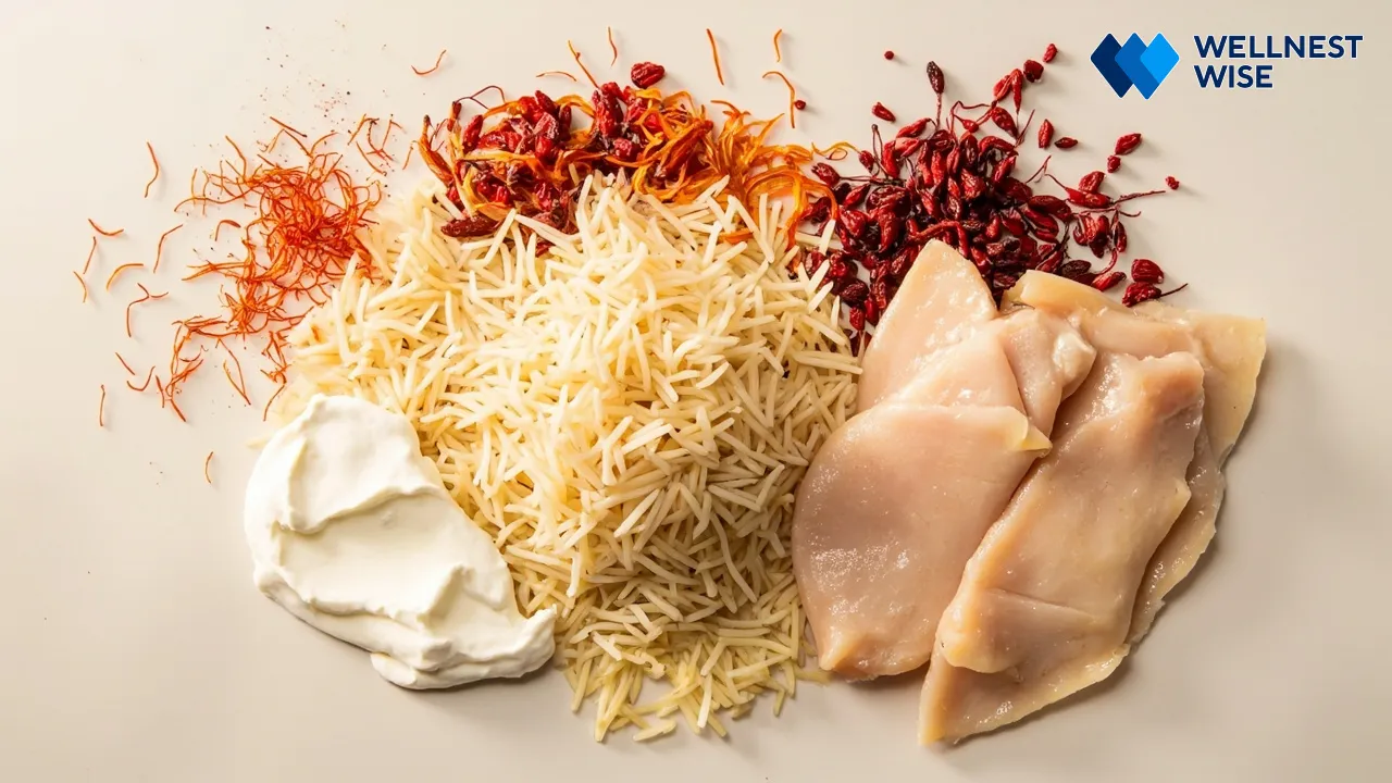 Essential ingredients for healthy Tahchin Morgh including chicken, saffron, and yogurt