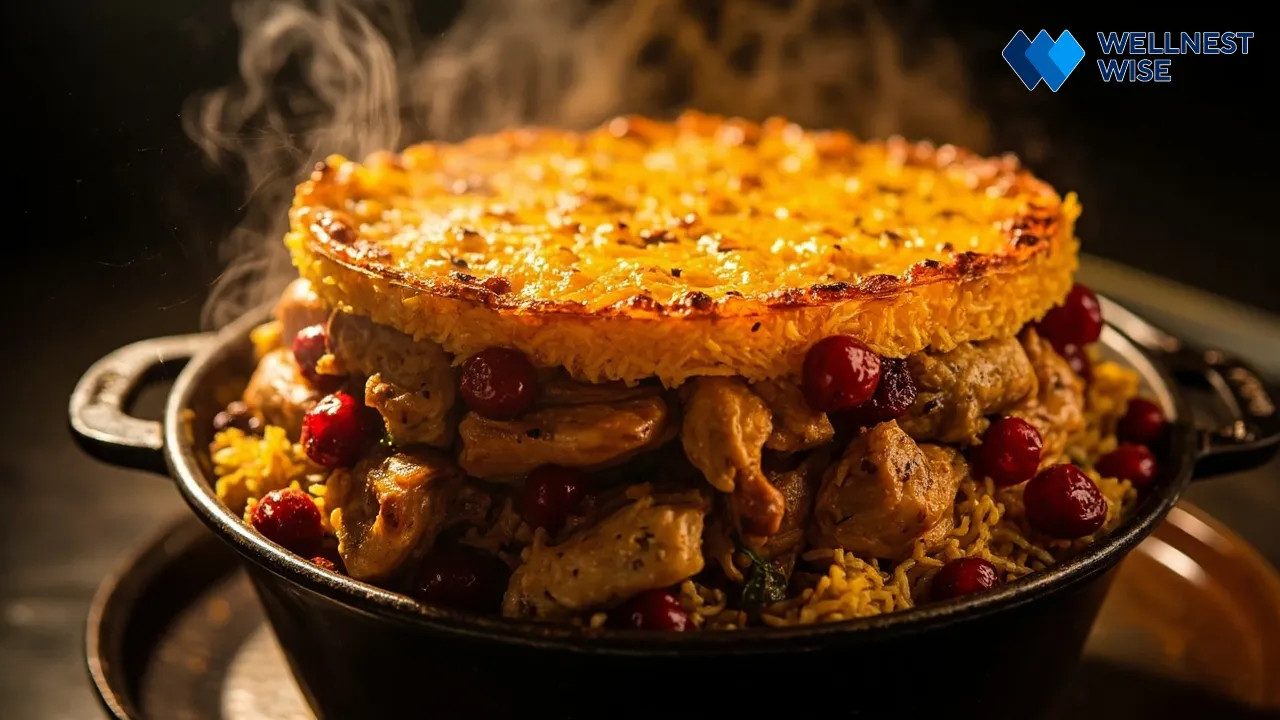 Layered Tahchin Morgh in pot before cooking with chicken and rice