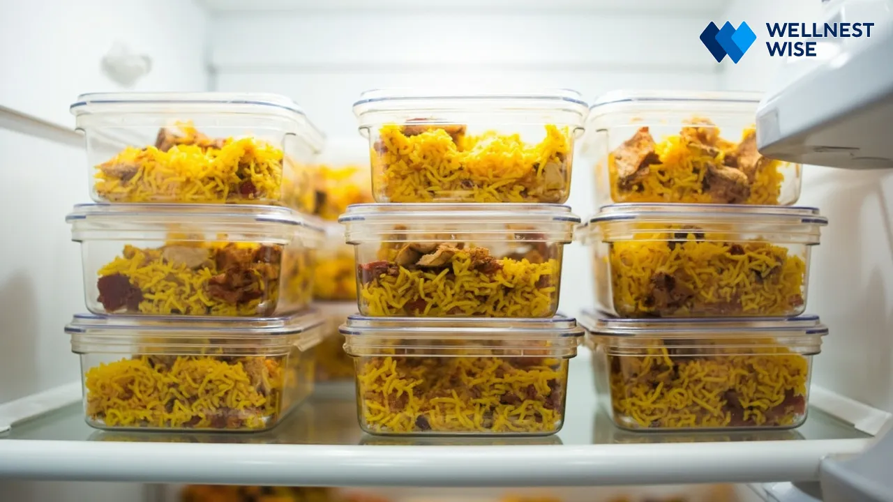 Healthy Tahchin Morgh meal prep containers in a refrigerator