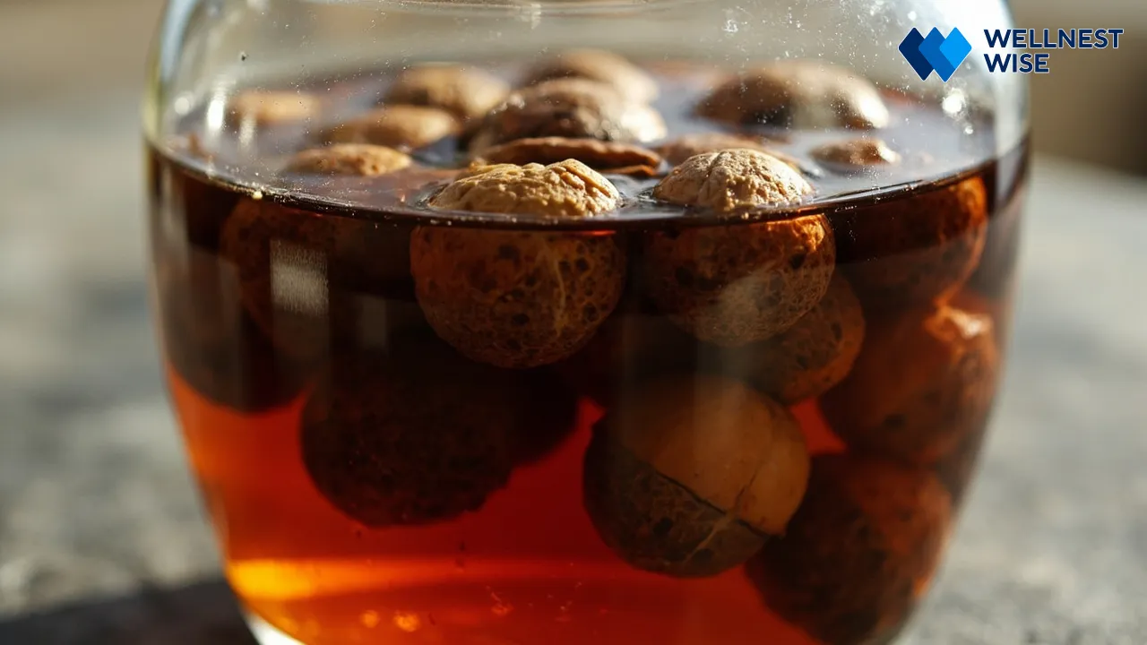 Leaching process showing dark brown water as tannins are extracted from cracked acorns.