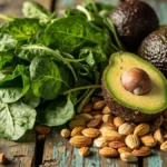 Assortment of Vitamin E-rich foods including spinach, avocado, sunflower seeds, and almonds on a wooden table.