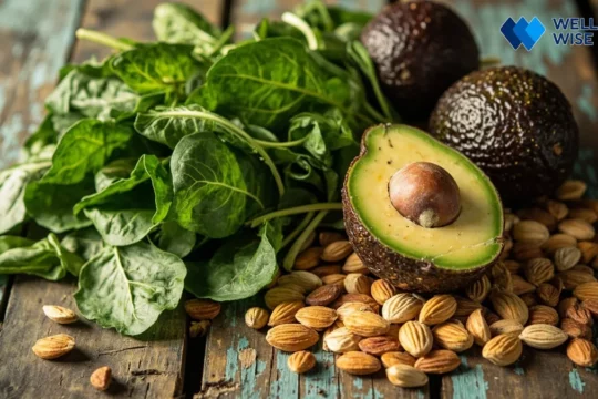 Assortment of Vitamin E-rich foods including spinach, avocado, sunflower seeds, and almonds on a wooden table.