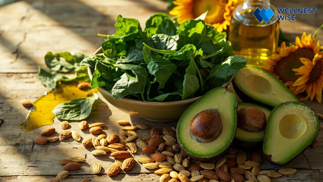 Assortment of Vitamin E-rich foods including spinach, avocado, sunflower seeds, and almonds.
