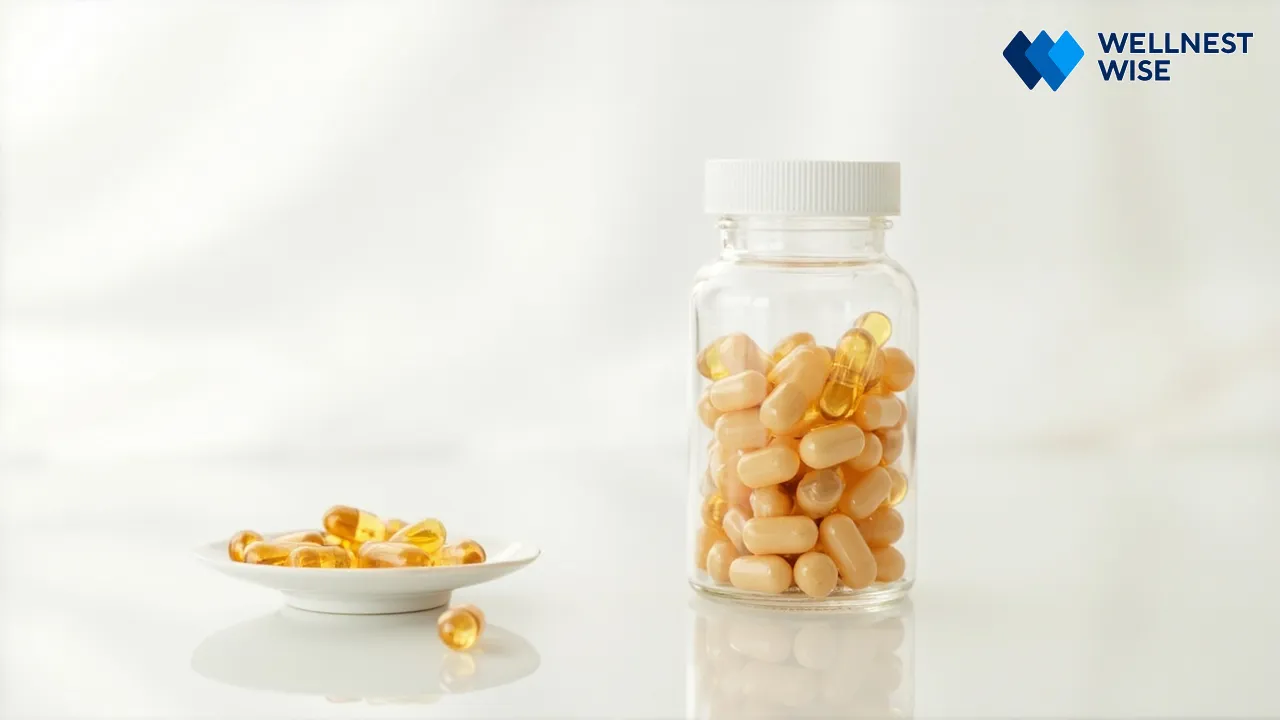Vitamin E supplement bottle with softgel capsules.