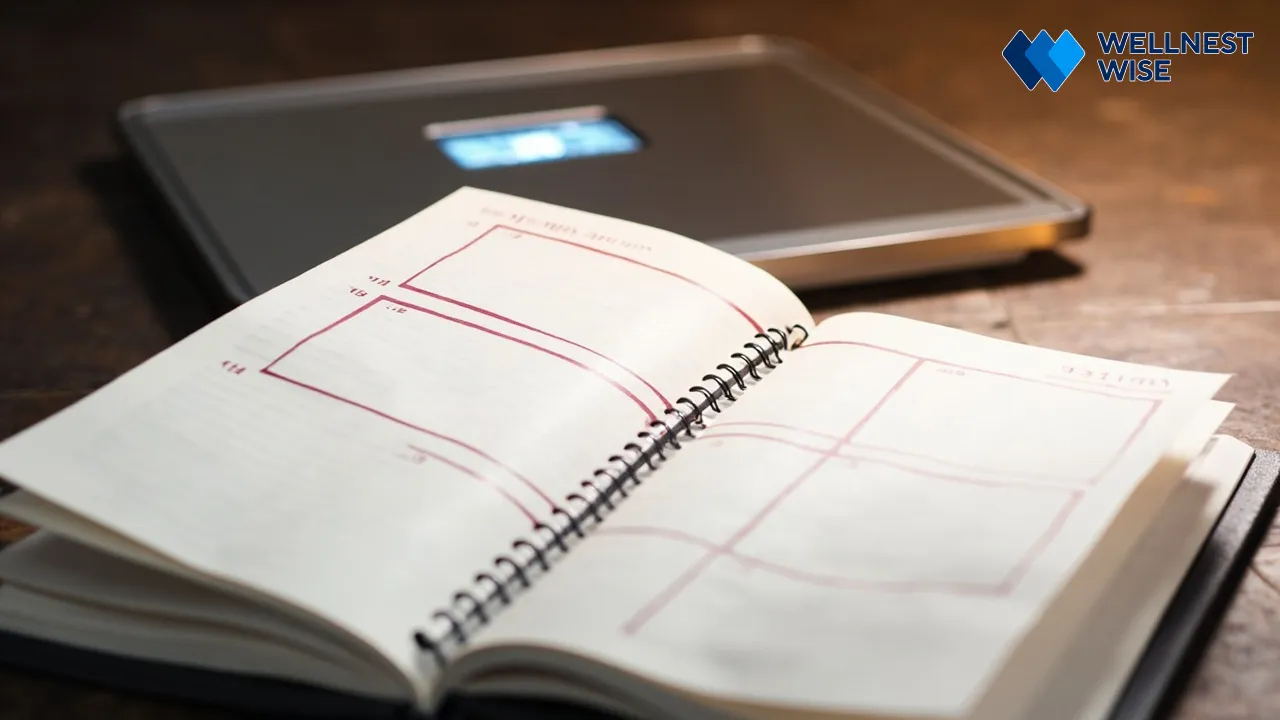 Calendar with circled dates and blurred weighing scale, signifying a realistic timeline for weight gain.