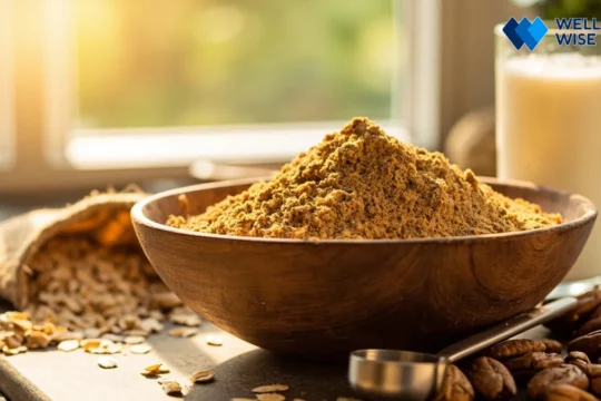 Wheat germ powder in a bowl with measuring spoon, nuts, and milk, symbolizing healthy weight gain ingredients.