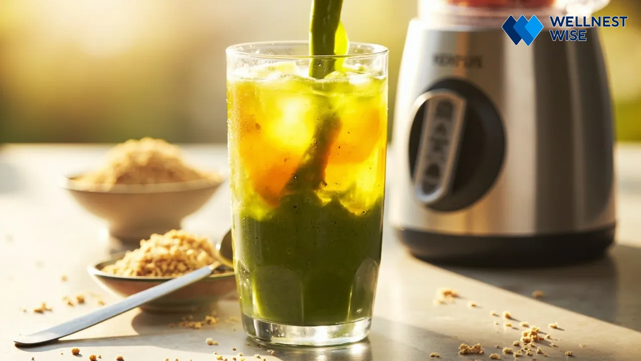 Smoothie being poured with wheat germ near blender, illustrating practical use for weight gain.