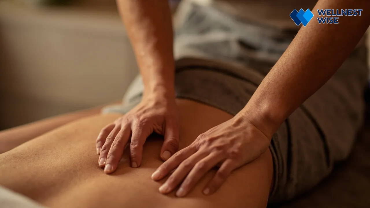 Person performing guided abdominal massage (I L U technique) to expel trapped gas quickly