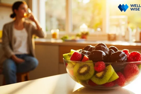 Woman drinking water and eating high-fiber fruit for natural constipation relief.
