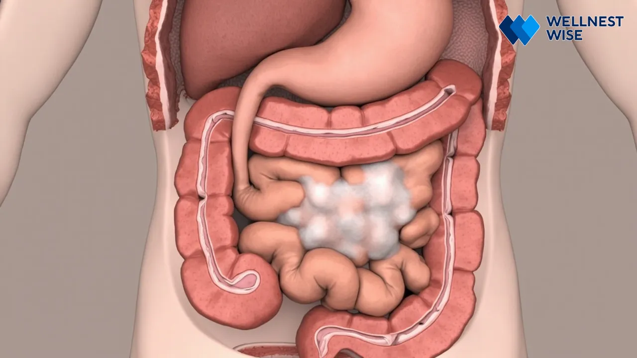 Diagram illustrating gas trapped in the intestines causing bloating and distension