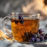 Steaming lavender tea in a glass mug promoting sleep and relaxation