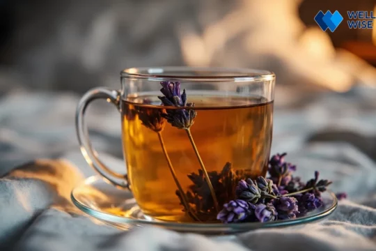 Steaming lavender tea in a glass mug promoting sleep and relaxation