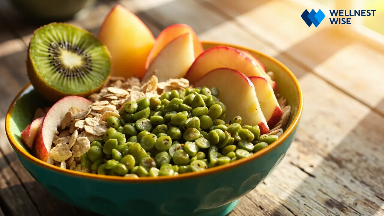 Bowl of fiber-rich foods like oats, beans, and fruit for long-term digestive health.