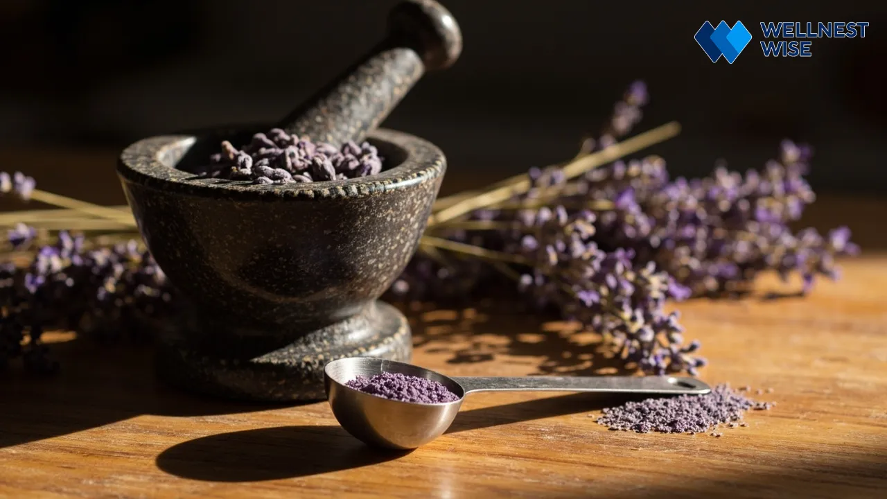 Preparation of dried culinary lavender emphasizing safe dosage and precise measurement.