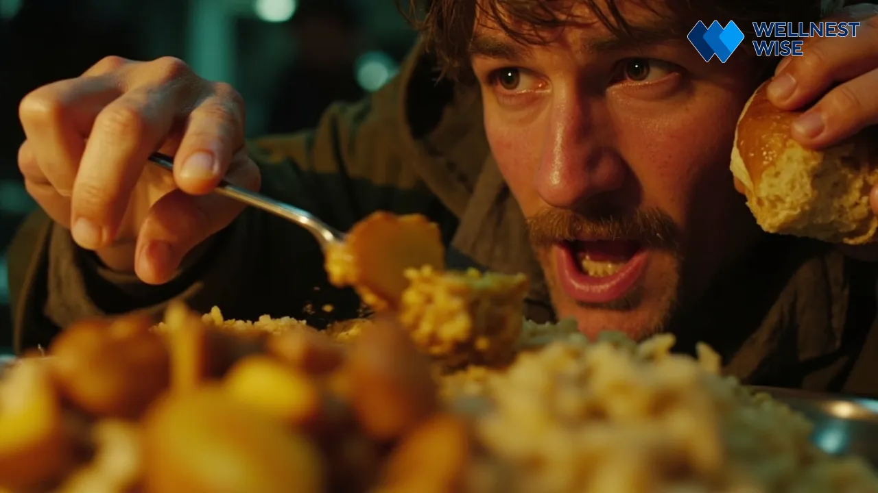 Person eating quickly and talking, highlighting behavioral causes of sudden bloating and air swallowing